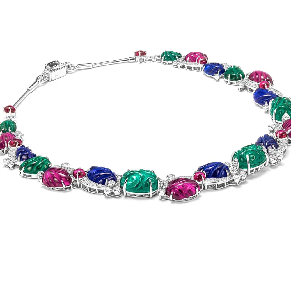 Colorful necklace with floral designs on a White background, featuring the brand 'KQDANCE'.