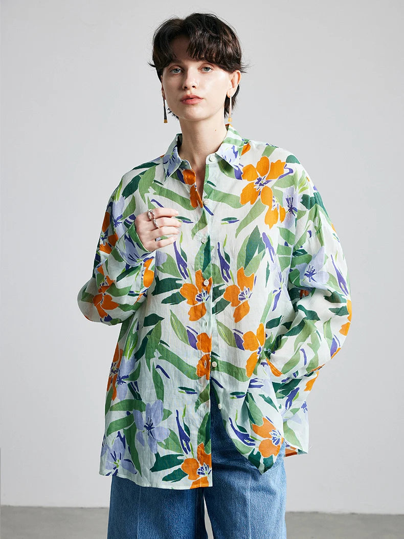 100% Ramie Printed Blouse  -  Women's Turn-Down Collar Shirt in Blue, Green, or Yellow