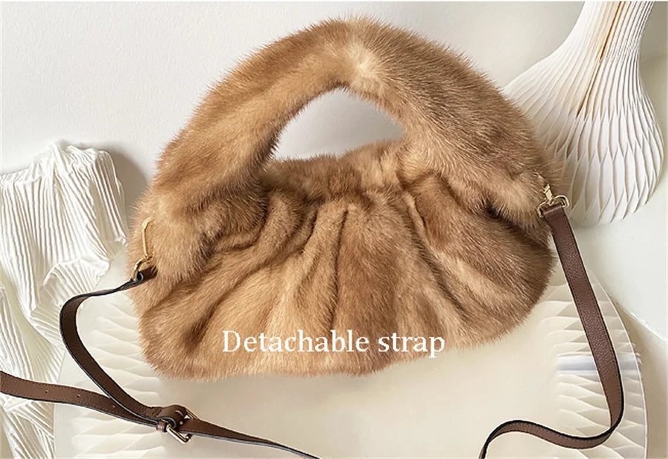 Women’s Real Mink Fur Luxury Shoulder Bag – Large Capacity Leather Crossbody Handbag