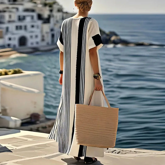 Elegant Patchwork Maxi Dress – Spring Summer Crew Neck Short Sleeve Boho Beach Dress with Side Split for Women - HER SHOP