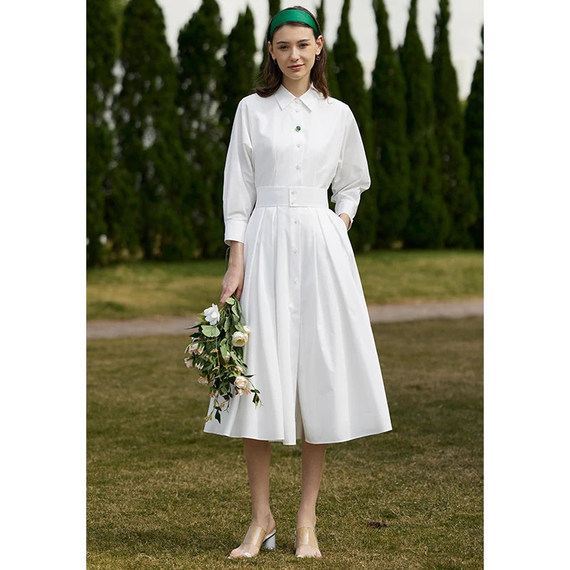 Minimalist Women's Shirt Dress – 2023 Spring Collection, White Pleated Long Dress with Waist Belt, Elegant Casual Style