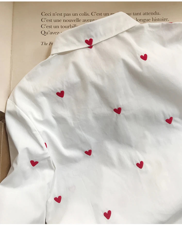Women's Heart Embroidery Blouse - Turn-Down Collar, Single-Breasted, Fresh Long Sleeve Denim Shirt for Valentine's Day