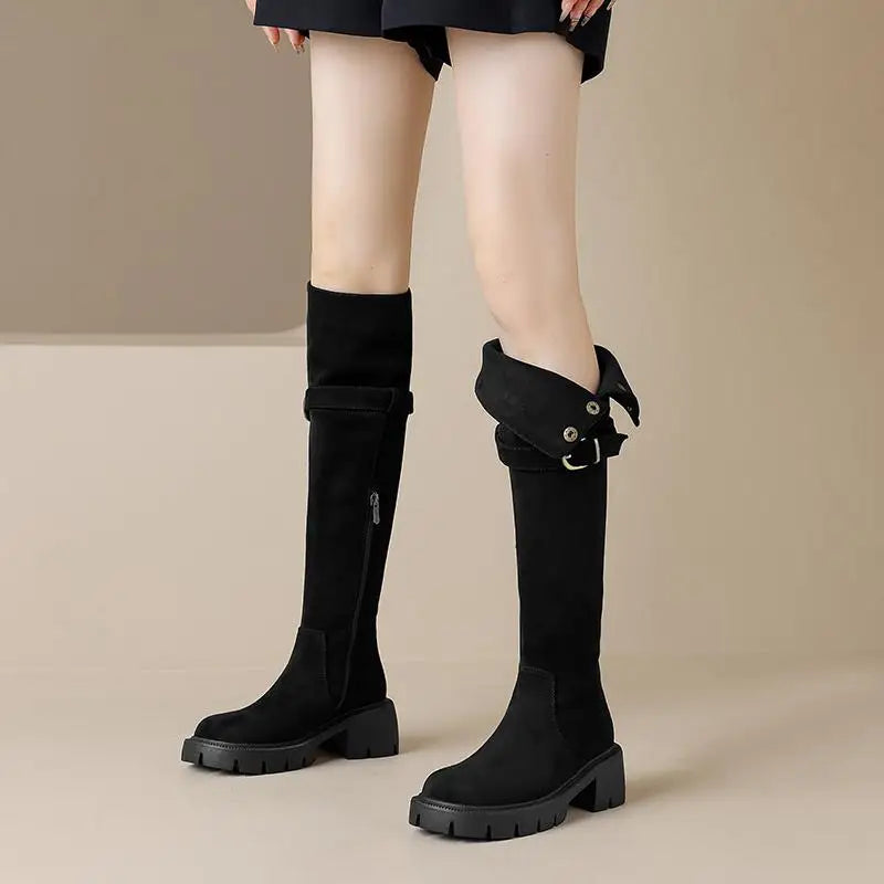 Flock Fur Over-the-Knee Winter Boots – Round Toe, Lace-Up, Zipper & Buckle Design, Thick Medium Heels, Warm Punk Snow Riding Style