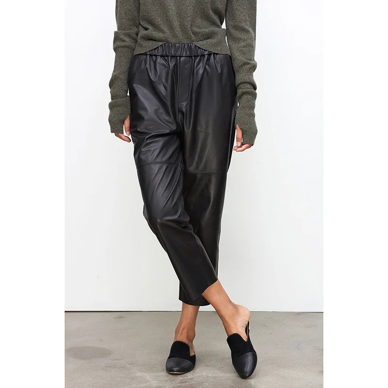 Women’s Genuine Sheepskin Leather Pants – High Waist Straight Fit Ankle-Length Trousers