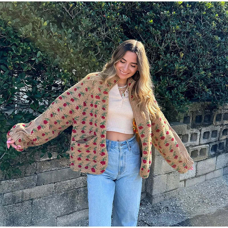 Retro Printed Plush Zipper Short Jacket Women Casual Loose High Neck Pocket Jackets Coat Lady 2025 Versatile Chic Street Outwear