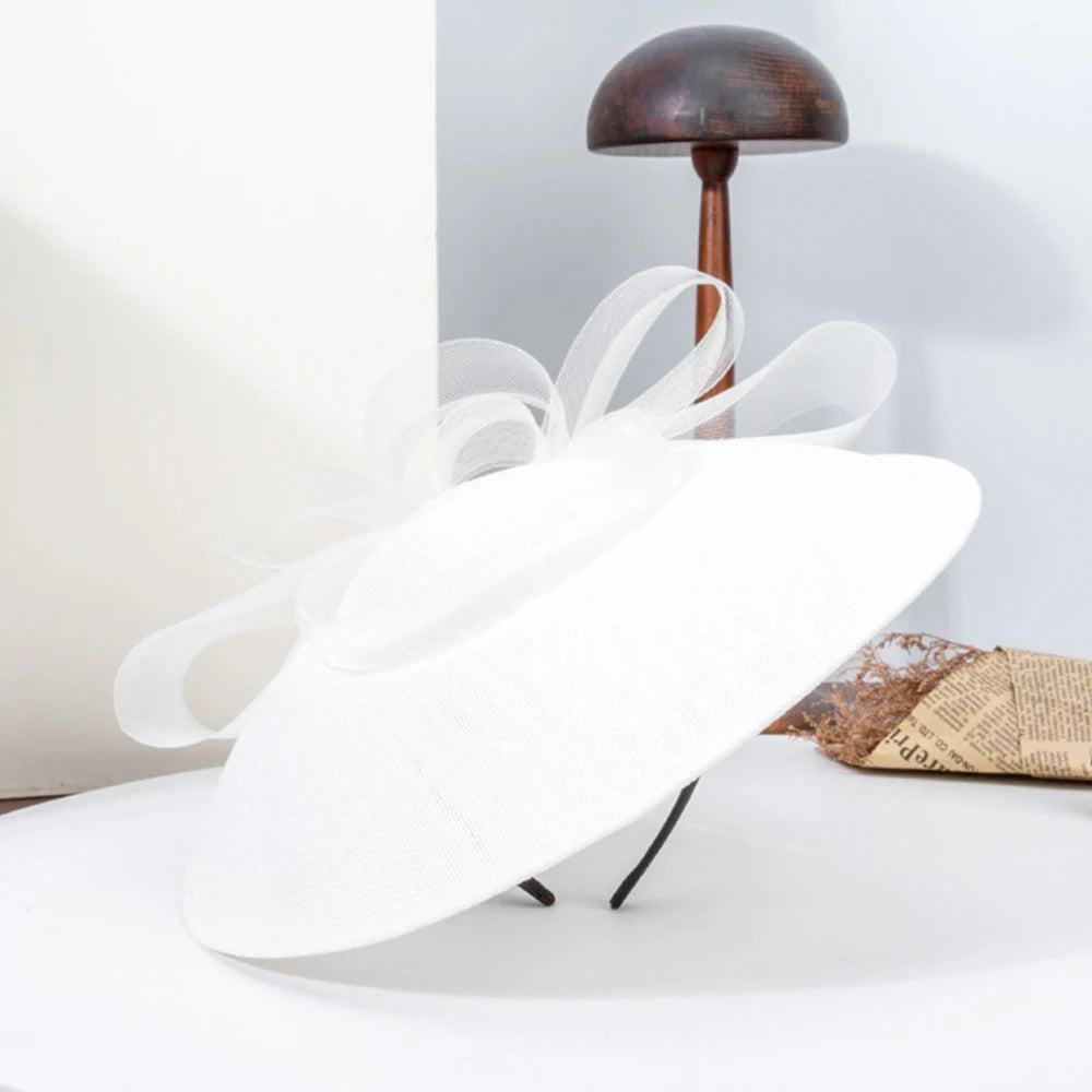 Retro Bridal Wide Brim Fascinator Hat for Women – Wedding, Cocktail, Tea Party, Church & Derby Hat with Gauze Bowknot
