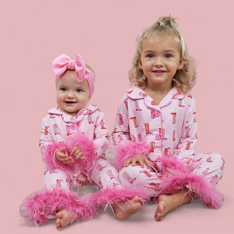 Christmas Mom and Me Matching Cowgirl Pajamas Set — Boot Print Long Sleeve Top & Pants Family Loungewear