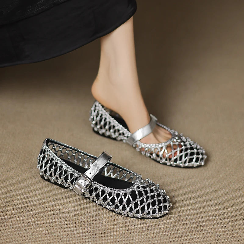 Summer Ballet Shoes Women's Mary Jane Shoes Women's Flat Bottom Mesh Fishing Net Handmade Single Shoes Genuine Leather Sandals