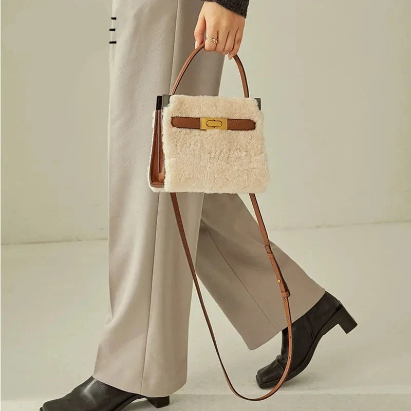 2025 Winter Fashion Women's Handbag — Fluffy Wool Fur Lambswool Tote with Real Leather Flap, Small Shoulder Bag in Khaki