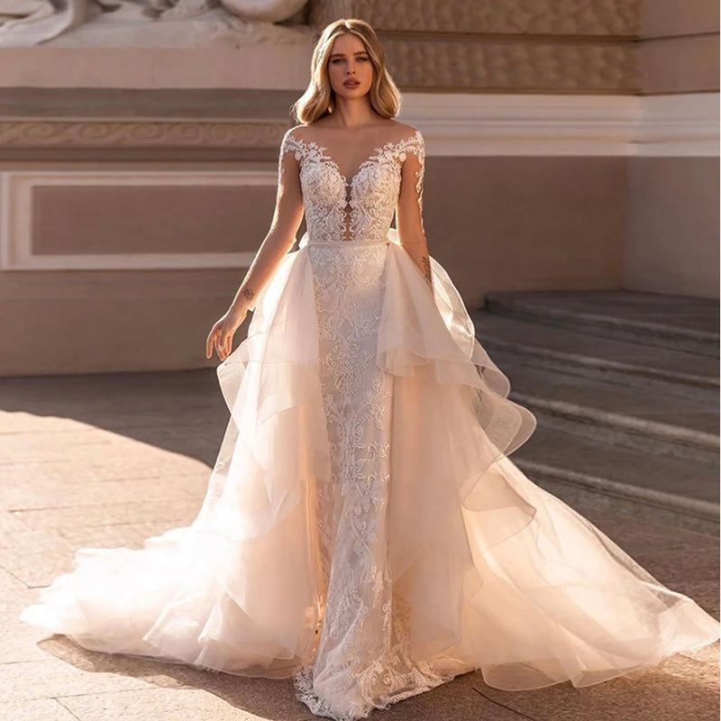 Lace Mermaid Wedding Dress with Detachable Ruffle Skirt - Button-Up Back, Long Sleeve 2-Piece Bridal Gown with Beading Detail