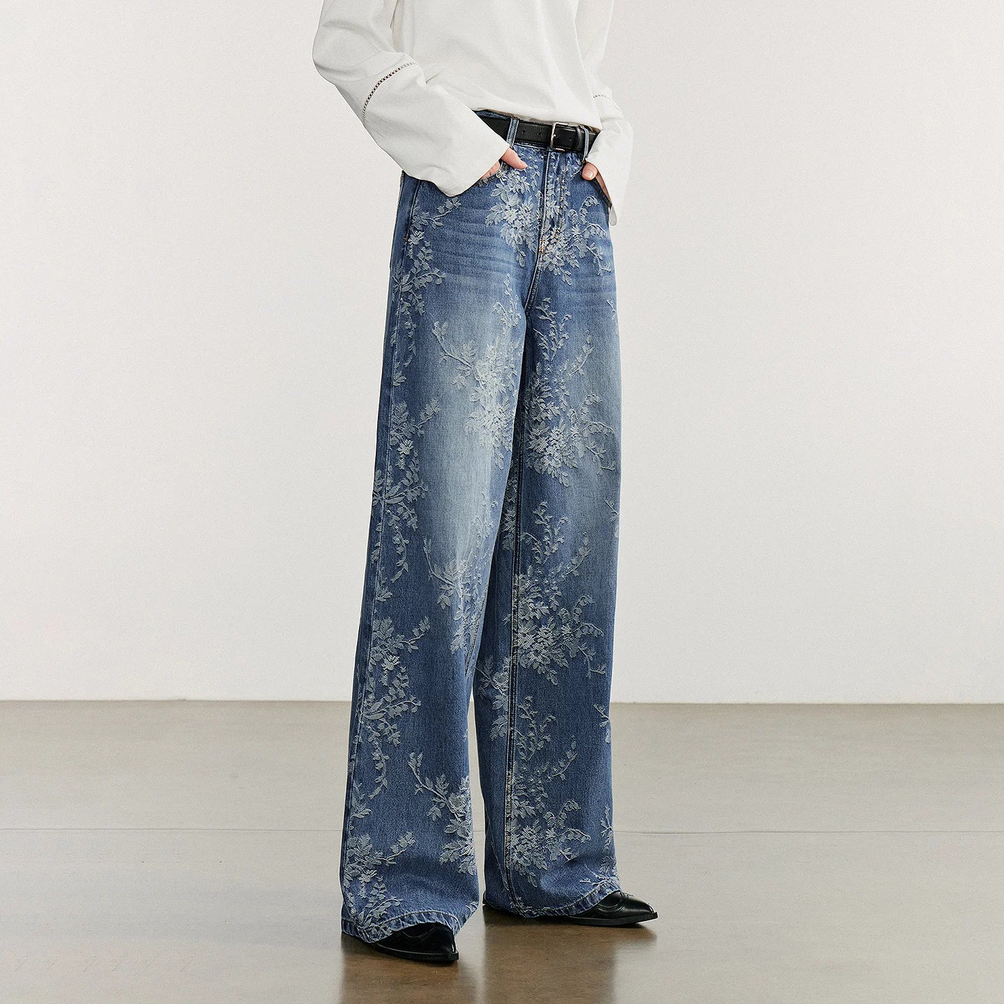 Women’s Cotton Denim Wide-Leg Pants – Autumn Jacquard Straight Jeans | High Street Cowboy Style