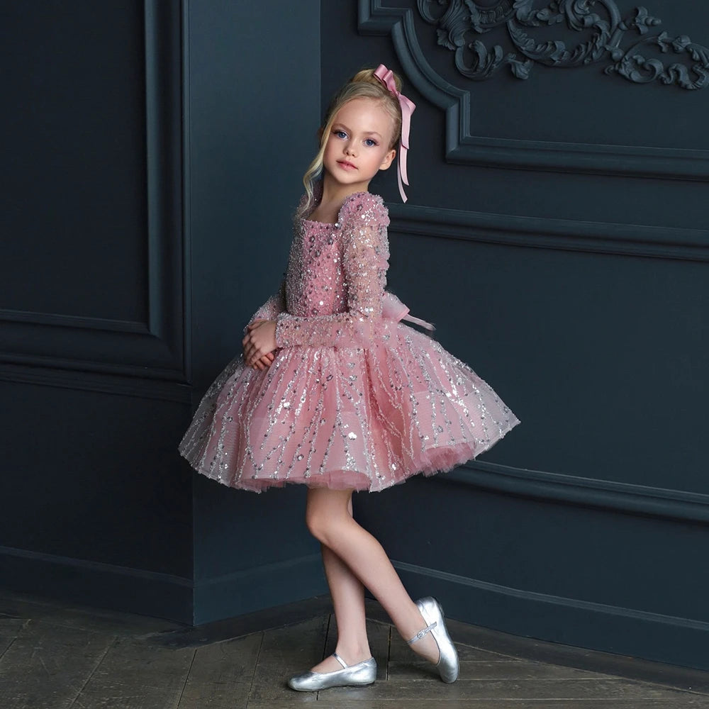 Elegant Pink Flower Girl Dress with Sequins A-Line Long Sleeve Christmas Princess Dress