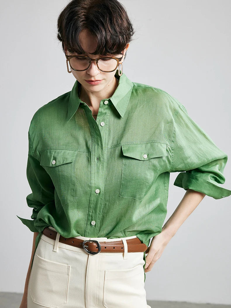 100% Ramie Loose-Fit Blouse  -  Women's Turn-Down Collar Shirt with Double Chest Pockets