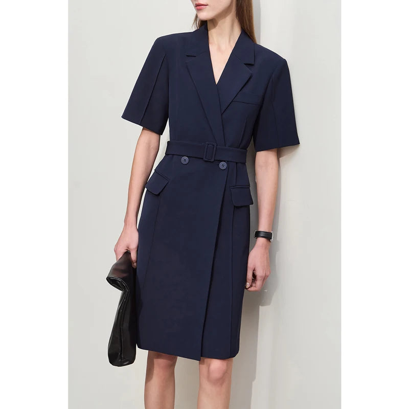 Minimalist Blazer Dress for Women - Spring New, Turn-Down Collar, Belted, Short-Sleeve Toothpick Pleated Dress
