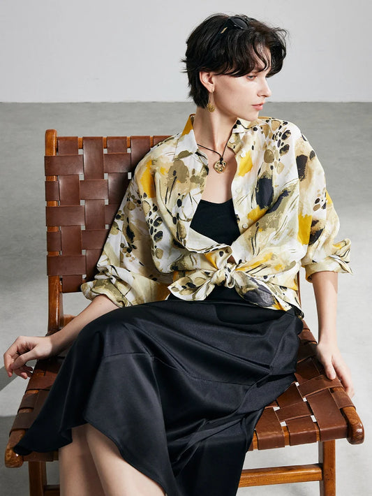 100% Ramie Floral Blouse  -  Pink Turn-Down Collar Shirt - HER SHOP