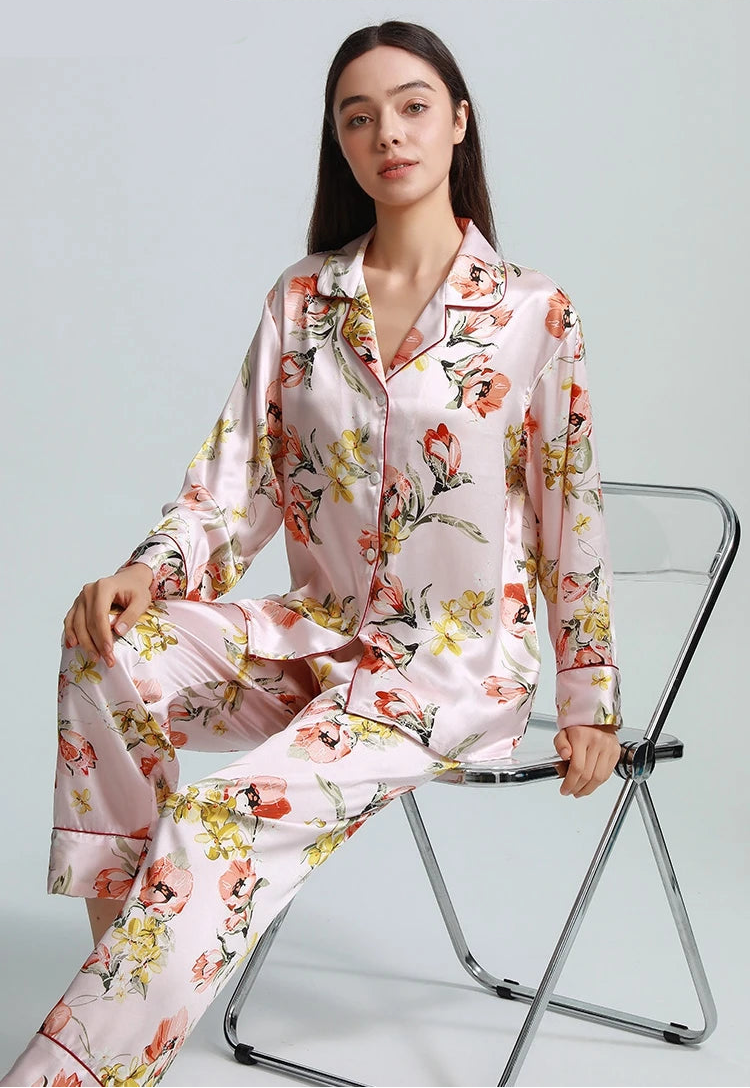 100% Real Silk Women’s Pajama Set – Printed Long-Sleeve Summer Home Suit