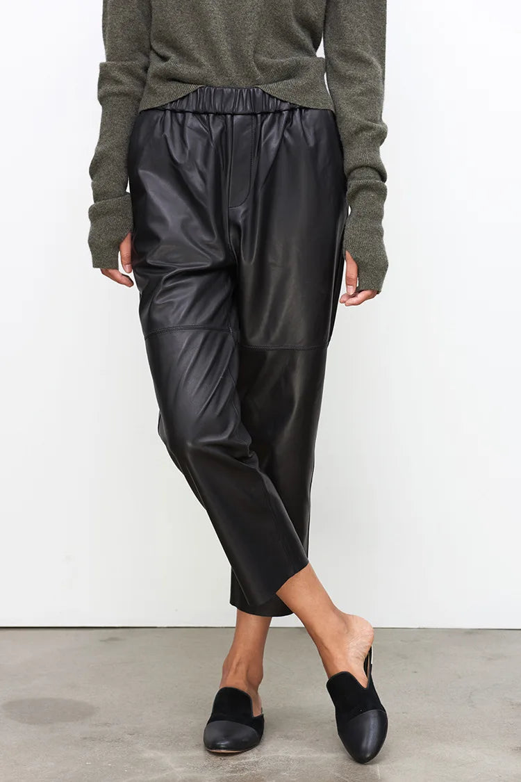 Women’s Genuine Sheepskin Leather Pants – High Waist Straight Fit Ankle-Length Trousers