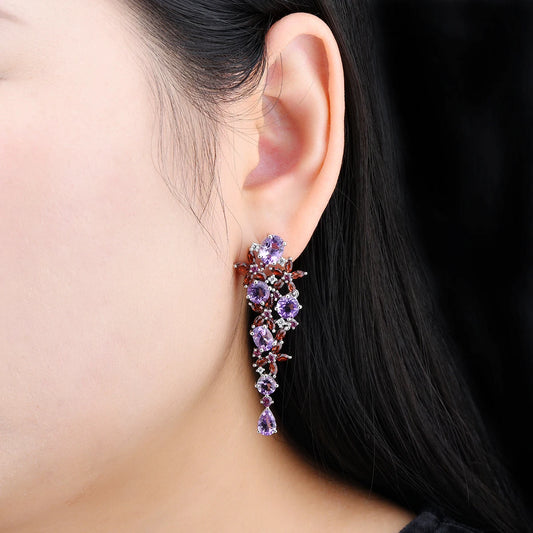 Natural Amethyst & Garnet Sterling Silver Drop Earrings 13.8 Carat Multicolor Gemstone Fine Jewelry for Engagement - HER SHOP