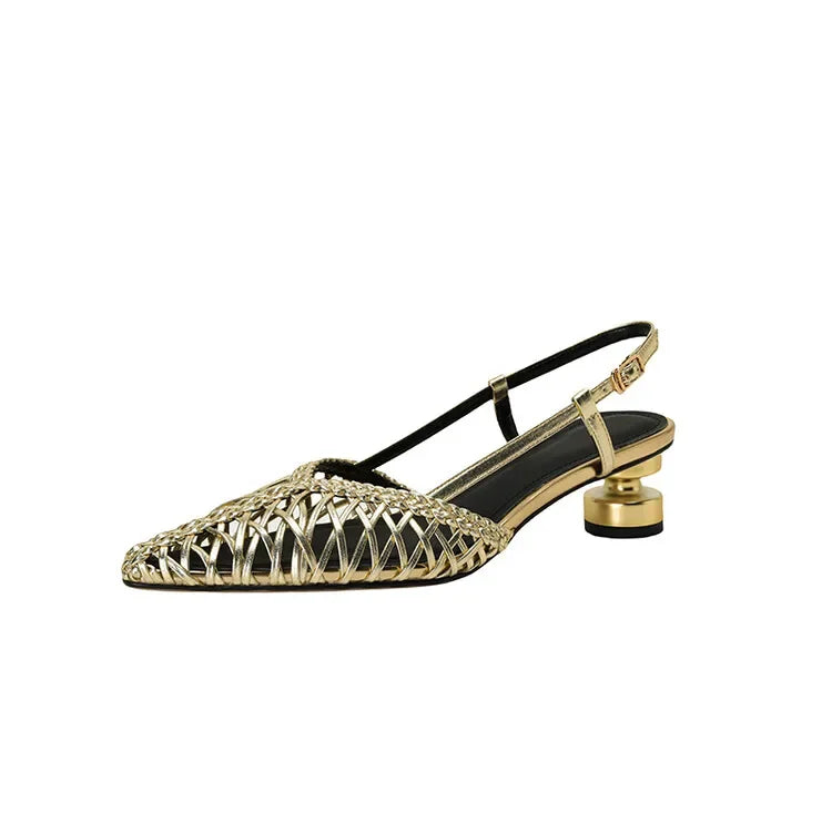 NEW Summer Women Sandals Split Leather Shoes for Women Pointed Toe Strange Heel Shoes Cover Toe Slingback Sandals Weave Sandals