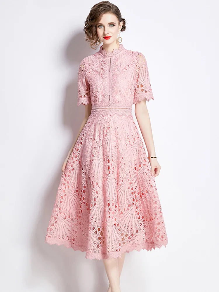 High-End Lace Hollow Out Summer Dress Women's Runway Embroidery Design Vintage Elegant Short Sleeve Dresses