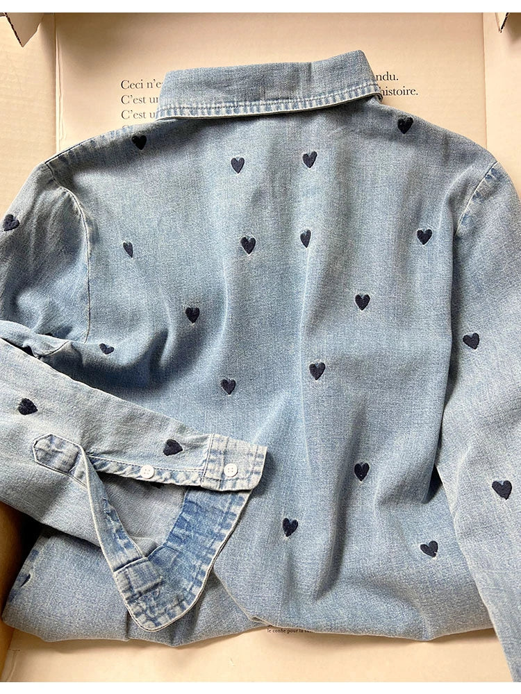 Women's Heart Embroidery Blouse - Turn-Down Collar, Single-Breasted, Fresh Long Sleeve Denim Shirt for Valentine's Day