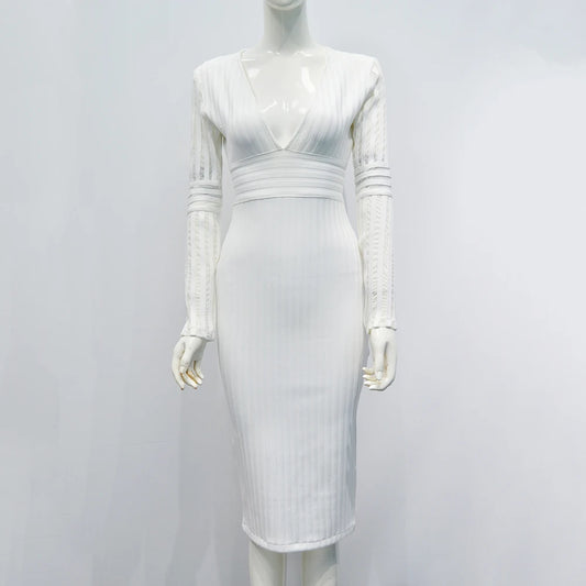 White Mesh Plunge V-Neck Long Sleeve Bandage Bodycon Dress – Elegant Hollow-Out Office Lady Party Dress - White - Size... - HER SHOP®