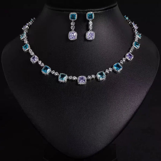 2-Piece Luxury Small Square Zirconia Jewelry Set Elegant Necklace & Earrings for Women | Party, Festival, Prom & Summer Date Look (S-650) - HER SHOP