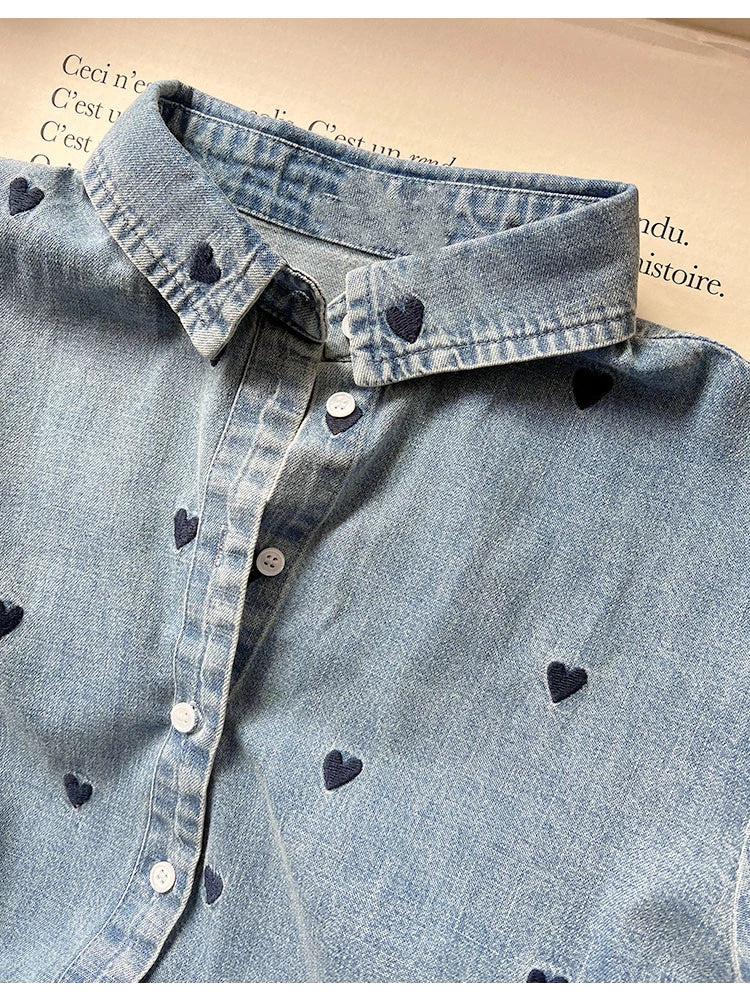 Women's Heart Embroidery Blouse - Turn-Down Collar, Single-Breasted, Fresh Long Sleeve Denim Shirt for Valentine's Day