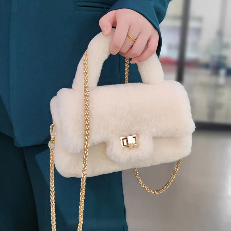 Lamb Fur Women’s Small Handbag – Soft Plush Chain Shoulder Bag & Fluffy Everyday Clutch