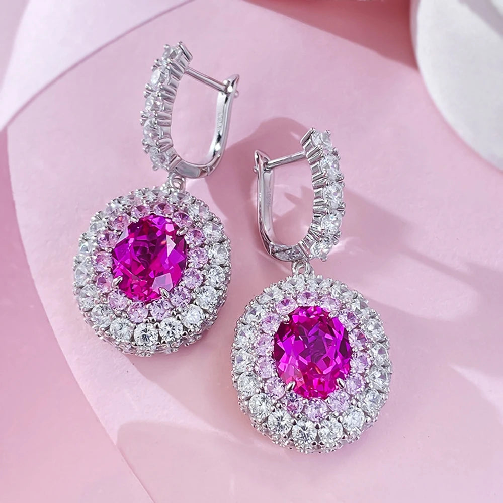 100% 925 Sterling Silver 8-M Oval Lab Sapphire Drop Earrings High Carbon Diamond Accents | Sparkling Fine Jewelry for Women