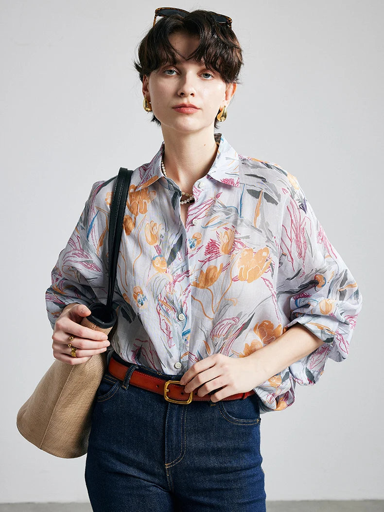 100% Ramie Floral Blouse  -  Pink Turn-Down Collar Shirt