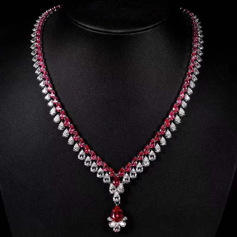 Elegant 925 Sterling Silver Blue Pear Spinel & Ruby Pendant Necklace  -  High Carbon Diamond Gemstone Jewelry