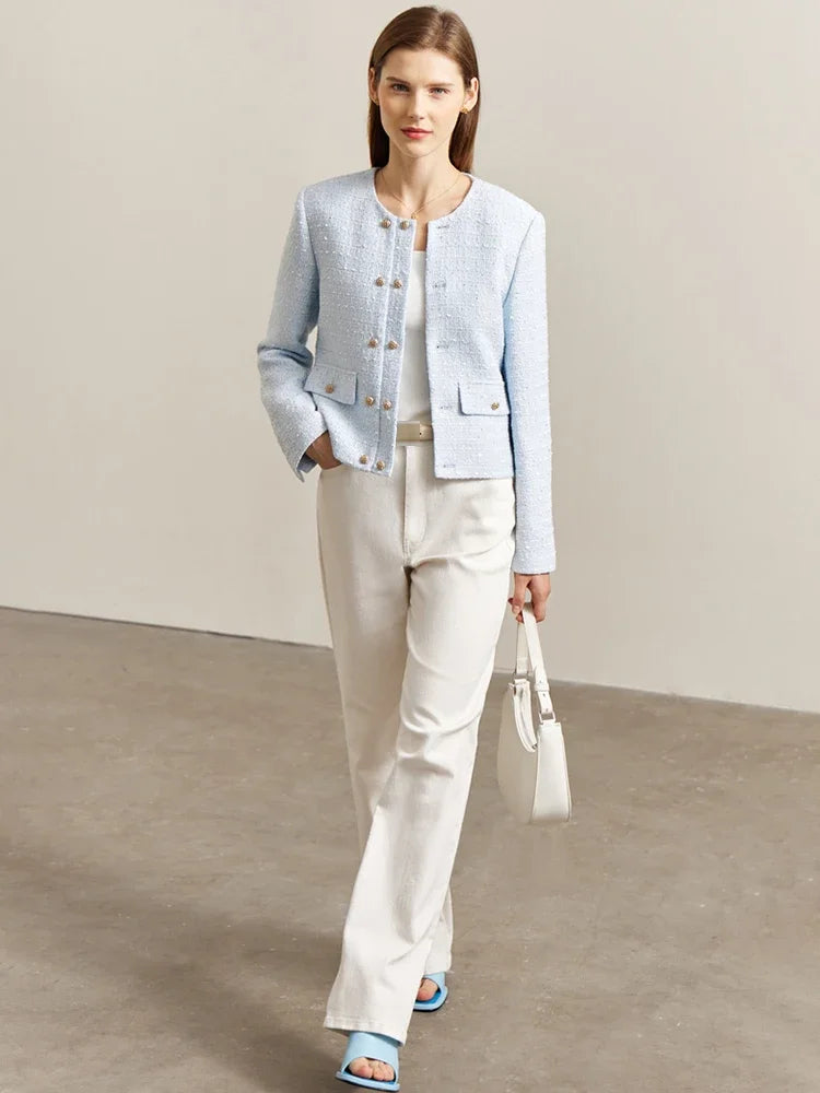 Minimalist Women's Jacket - Spring Collection, Elegant Round Neck, Straight Shoulder, Light Tuxedo-Style Short Coat