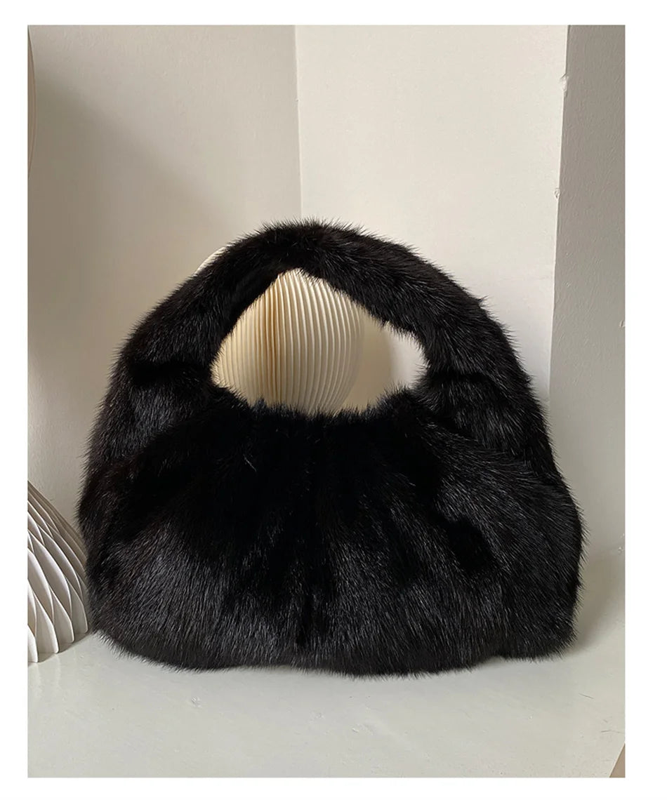 Women’s Real Mink Fur Luxury Shoulder Bag – Large Capacity Leather Crossbody Handbag