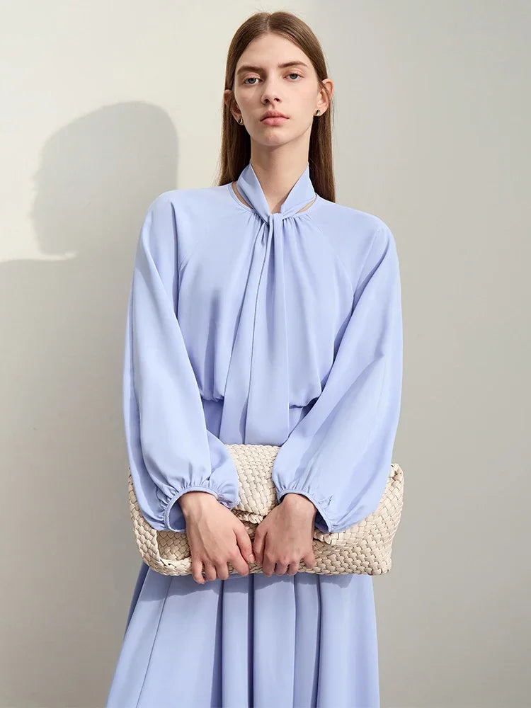 Minimalist Women's Chiffon Dress - 2024 Spring Collection, Solid Color, Loose A-Line Design, Lantern Sleeves, Long Dress with Detachable Belt