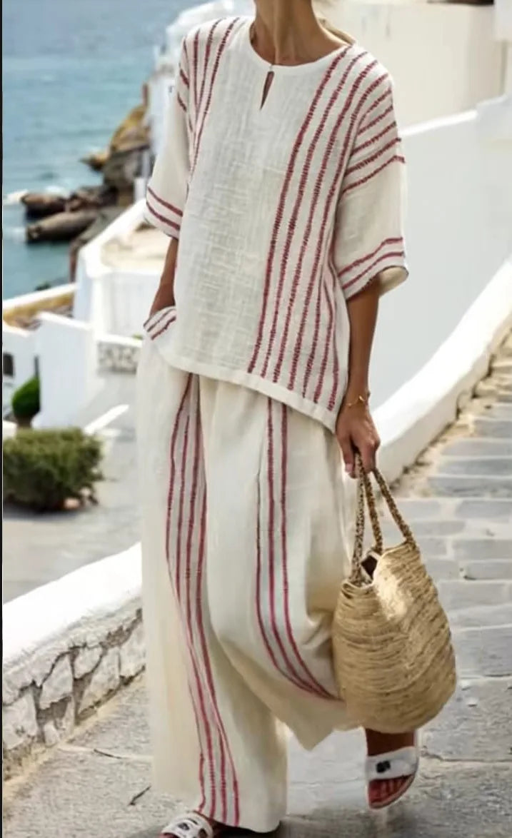 Women’s Cotton Linen Striped Two-Piece Set – Short Sleeve Pullover Top & High Waist Wide Leg Pants, Spring/Summer Outfit