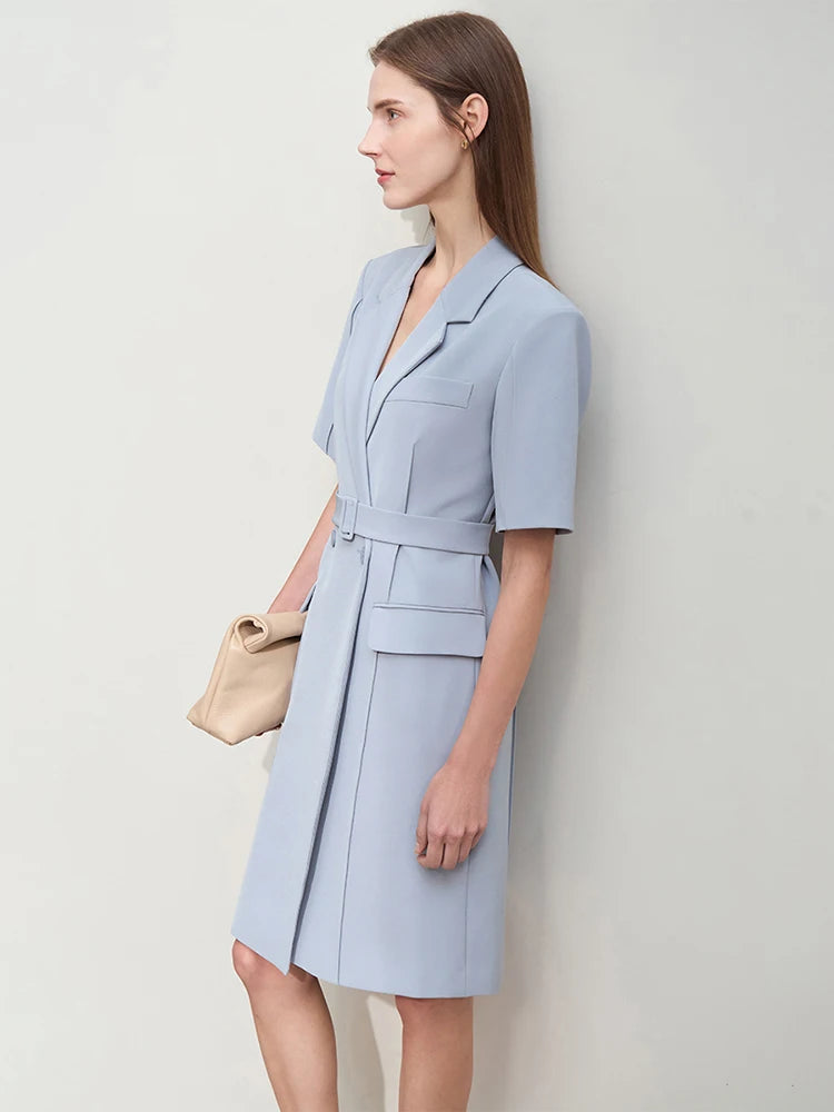 Minimalist Blazer Dress for Women - Spring New, Turn-Down Collar, Belted, Short-Sleeve Toothpick Pleated Dress