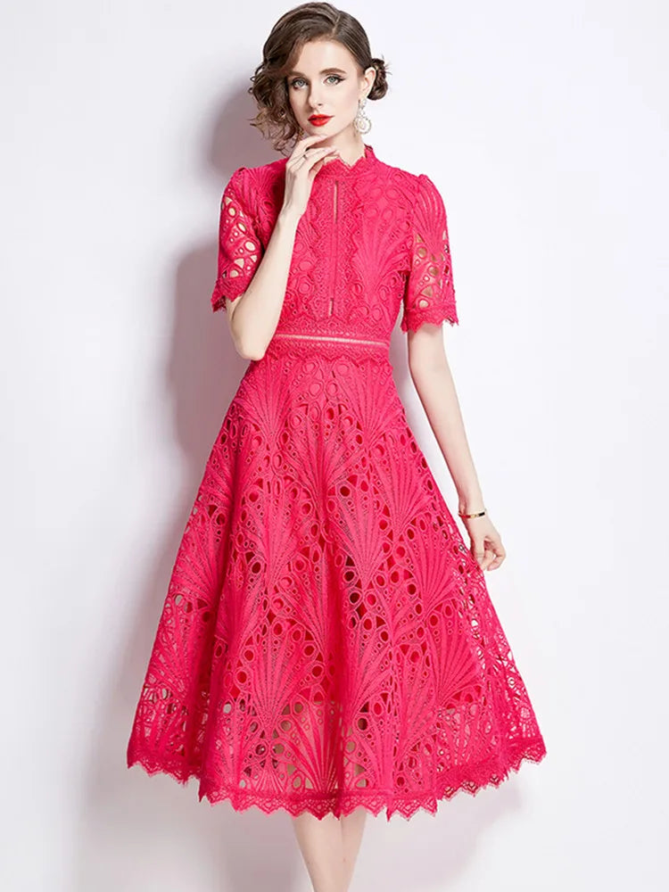 High-End Lace Hollow Out Summer Dress Women's Runway Embroidery Design Vintage Elegant Short Sleeve Dresses
