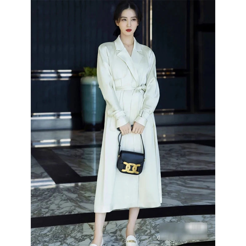 Effortless Chic Gloss 100% Heavy Silk Satin Champagne Double Breasted Belted Trench Elegant Turn-Collar Long Coat Event Outwear