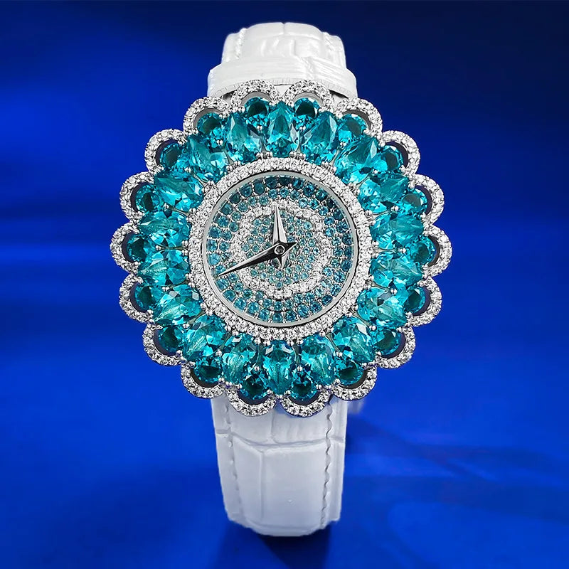 925 Sterling Silver Luxury Watch High-Quality Paraiba Tourmaline Gemstone Bracelet Watch for Women