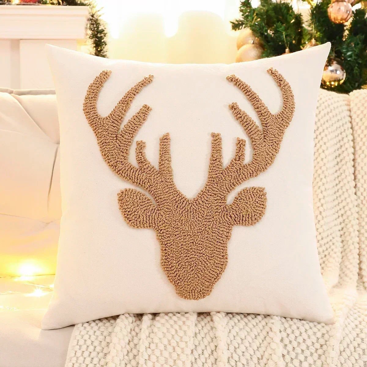1 PC Christmas Decoration Throw Pillow Cover Embroidery Canvas Tufted Christmas Deer