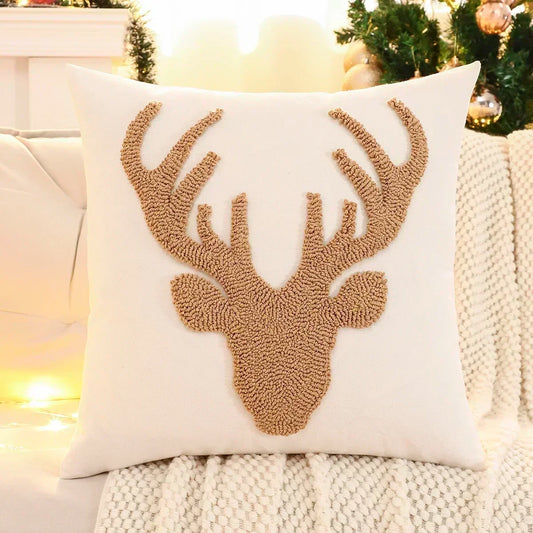 1 PC Christmas Decoration Throw Pillow Cover Embroidery Canvas Tufted Christmas Deer - HER SHOP