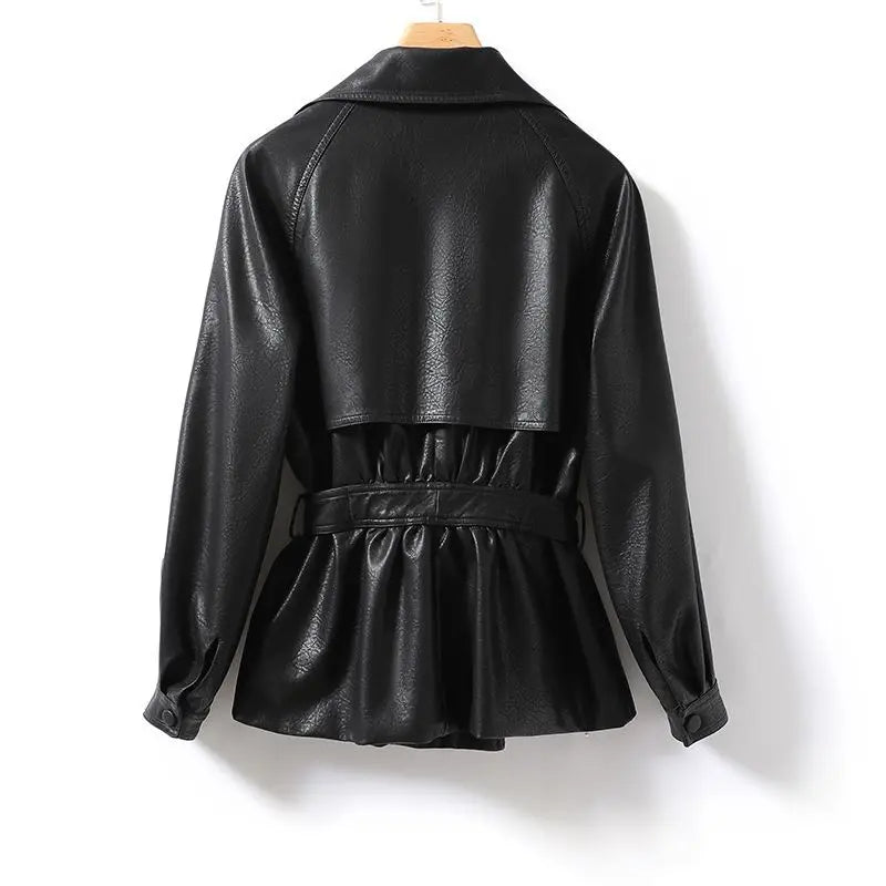 Fashionable Genuine Leather Jacket for Women Waist-Tied Loose Fit Black or Brown – Casual Luxury Outerwear