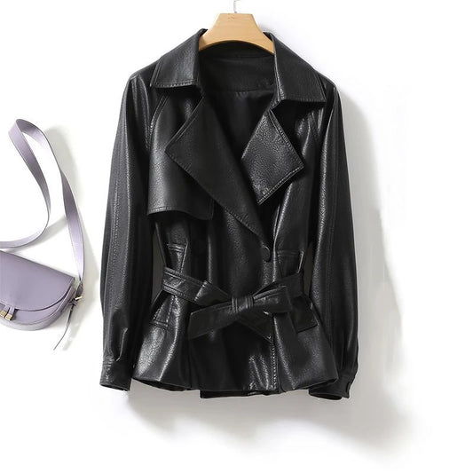 Fashionable Genuine Leather Jacket for Women Waist-Tied Loose Fit Black or Brown – Casual Luxury Outerwear - HER SHOP