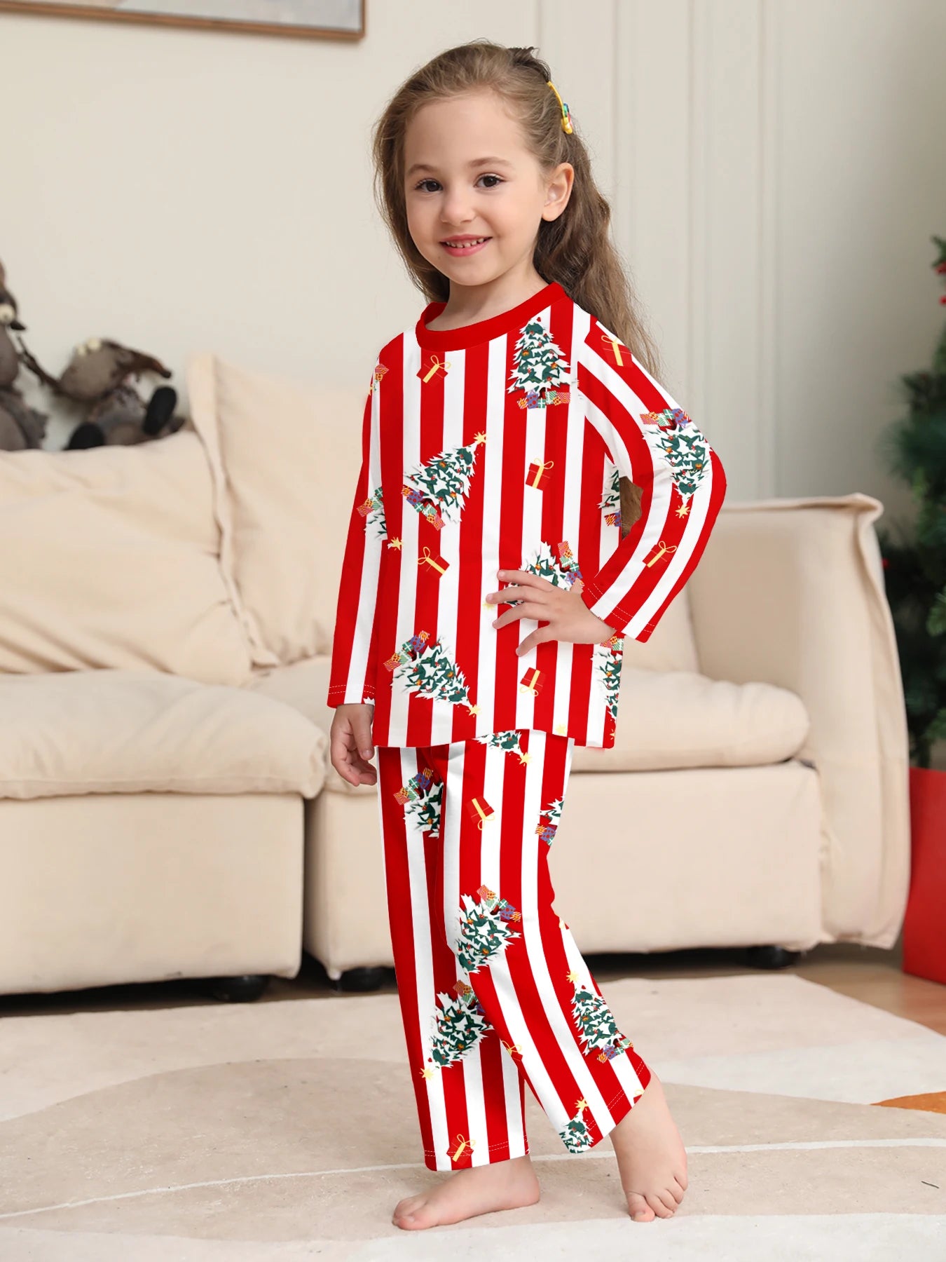 Family Matching Xmas Sleepwear - Red - White Striped Christmas Tree - Printed Pajamas