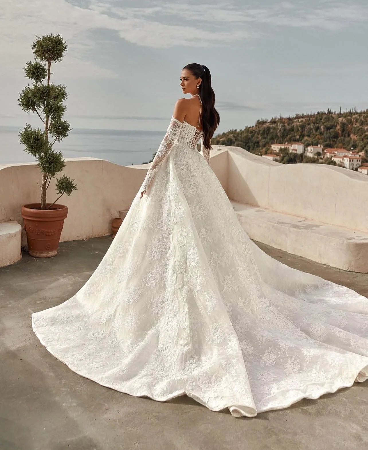 Customized Lace Wedding Dress Long Sleeve Off-Shoulder Princess Ball Gown Bridal Gown