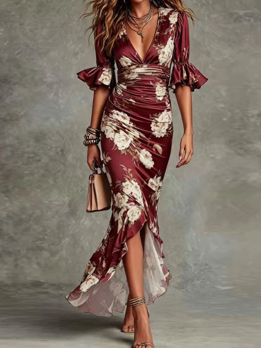 Summer Ruffle Patchwork V-Neck Dress – Women's Elegant Half Sleeve Holiday Party Dress - HER SHOP®