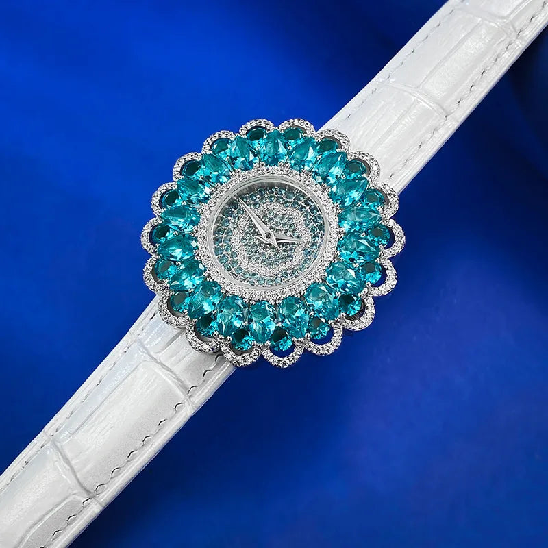 925 Sterling Silver Luxury Watch High-Quality Paraiba Tourmaline Gemstone Bracelet Watch for Women