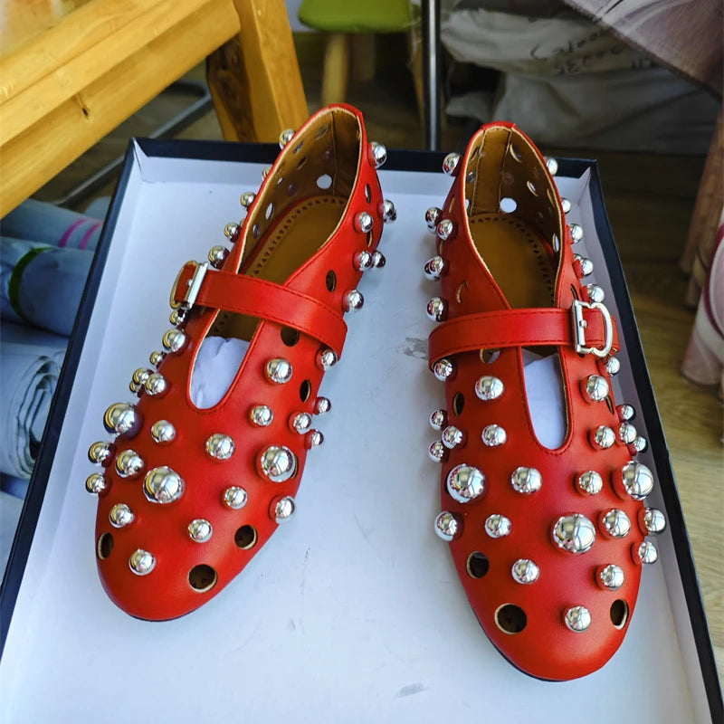 New Rivet Round Head Flat Shoes Orange Leather Sandal Buckle Ballet Sandal Silver Hollow Mary Jane Shoes Lipstick Key Bag 34-45