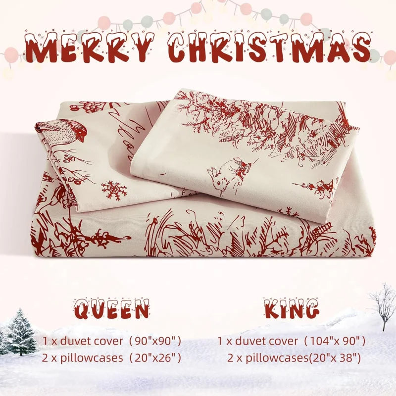 Red Countryside Christmas Bedding Set – 3-Piece Holiday Microfiber Duvet Cover with 2 Zippered Pillowcases